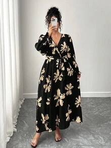 Elenzga Plus Size Women's V Neck Lantern Sleeve Waisted A-Line Maxi Dress, Autumn And Winter Fall Cloth For Women - Multicolor - View 5