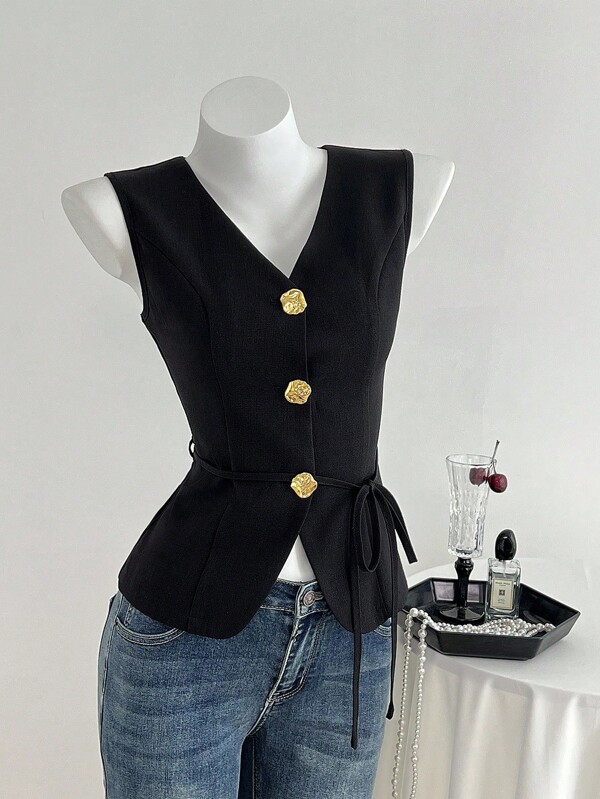Elamini Women's Sleeveless V-Neck Metal Button Belted Women Blazer