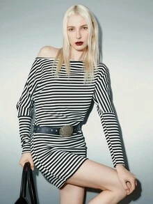 Airlisse Black Striped Off-Shoulder Long Sleeve Dress - Black and White - View 7