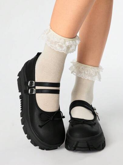 Goth Damen Dunkel Punk Gotik Geschlossene Zehenschuhe mit Schleife & Einzelnem Riemen, Weiche Sohle Keilabsatz & Plateauoxfords