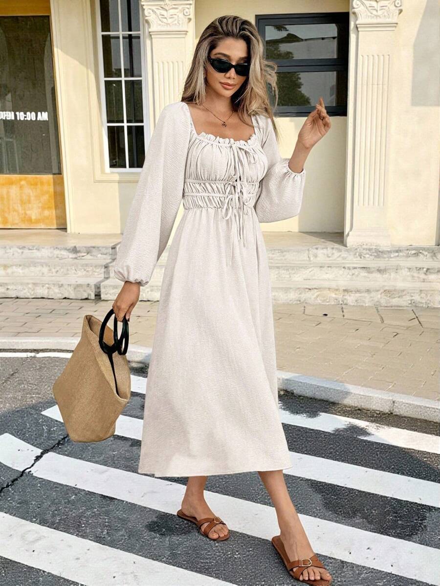 SHEIN Frenchy 女士休闲纯色灯笼袖中长连衣裙 - 杏色 - 查看 1