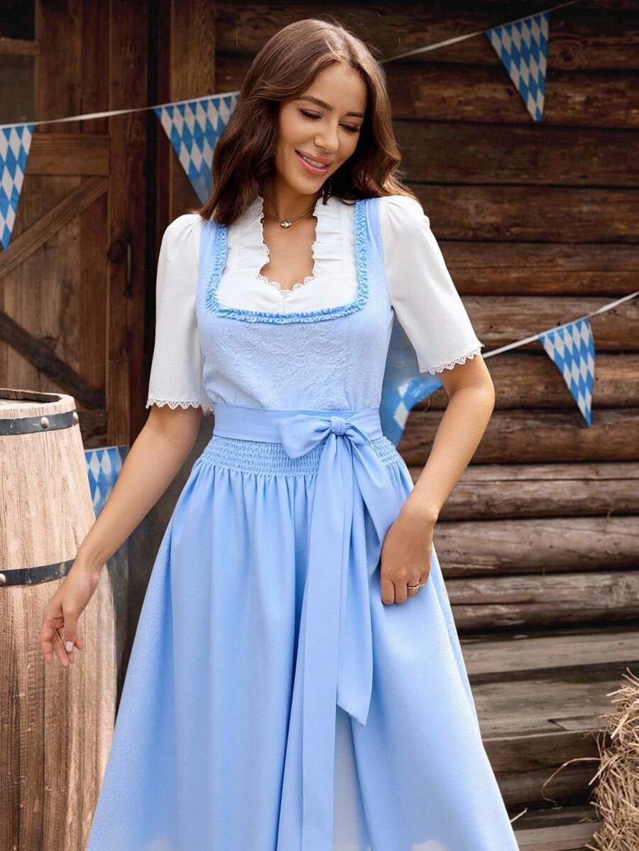 Fairmaia 德国传统女式荷叶边领泡泡袖上衣和连衣裙套装 Dirndl 慕尼黑啤酒节传统德国传统复古无袖女式连衣裙传统 Dirndl 方领连衣裙和围裙，适合十月、万圣节 - 藍色 - 查看 1