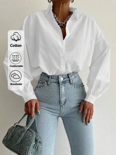 EURMUSE Plus Dam Bomull Enfärgad Nedsänkt Axel Plus Size Skjorta
