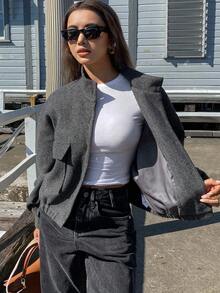 DAZY 女士秋冬立领短款宽松羊毛大衣外套 - 深灰色 - 查看 8