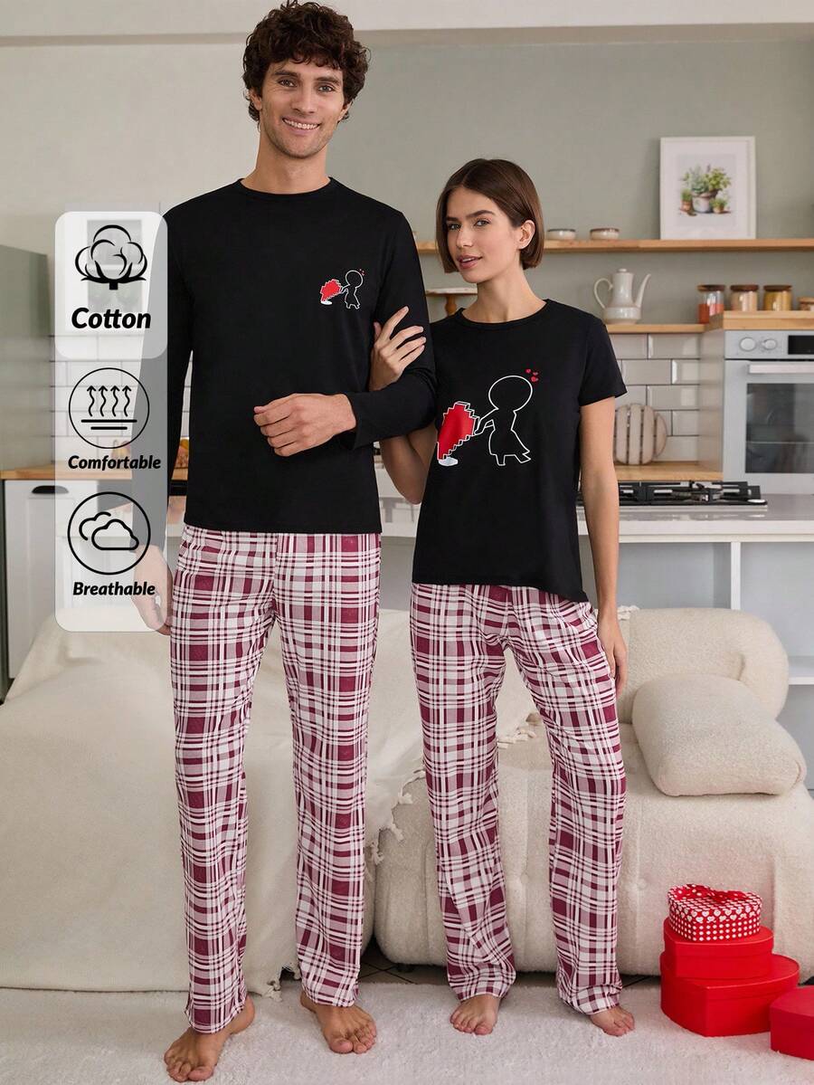 RueChic Men Plaid Printed Puzzle Printed Cotton Valentine's Day Couple Regular Homewear Set