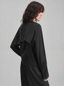 Ontre 2pcs Women's Chic Plain Black Autumn Office Lady Business Casual Outfit,Retro 2000s Solid Color Long Sleeve Top And Pants Transitional Clothing - Black - View 7