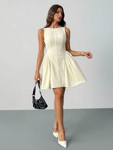 SHEIN Tall Váy mini trơn không tay dành cho nữ, thời trang cho mùa xuân, hè, thu, đông, thích hợp mặc nhiều lớp, dự tiệc, hẹn hò - Màu be - Xem 5