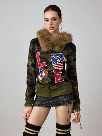 ROMWE Avant Sweat-shirt à capuche avec motif drapeau américain style Y2K Baddie, coupe slim décontractée pour femmes