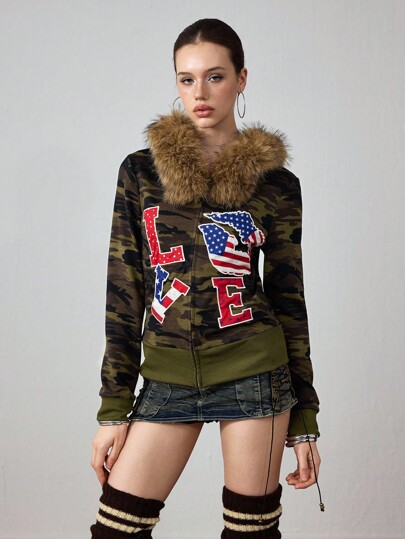 ROMWE Avant Y2K Baddie American Flag Hooded Sweatshirt Sweatshirt, Casual Slim Fit For Women