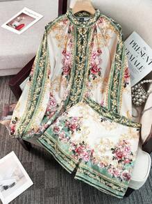 SHEIN Clasi Elegant And Romantic Floral Print Shirt With Front Button Closure And Matching Shorts Set For Women - Multicolor - View 1