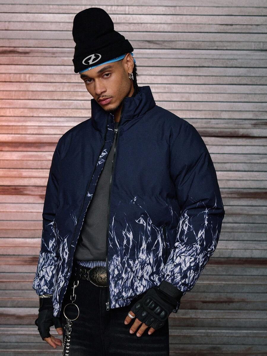 AXEPEAK Men's Ink Texture Zip Front Casual Short Winter Jacket - Blue and White - View 1