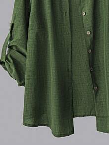 Linhara 大码女式休闲两件套，纯色翻领单排扣休闲/工作衬衫和高腰宽松阔腿裤套装 - 軍綠色 - 查看 4