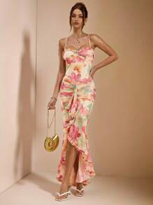 SHEIN BAE Váy Maxi thanh lịch, hở lưng, họa tiết hoa màu vàng/kem, xẻ tà cao, không tay, hở lưng, váy đi biển/nghỉ dưỡng, váy dạ hội dài chấm đất họa tiết hoa màu vàng - Vàng nhạt - Xem 3