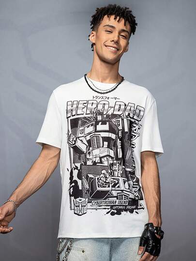 Transformers X SHEIN Men's Letter & Robot Graphic Round Neck Short Sleeve T-Shirt, 2000s Style