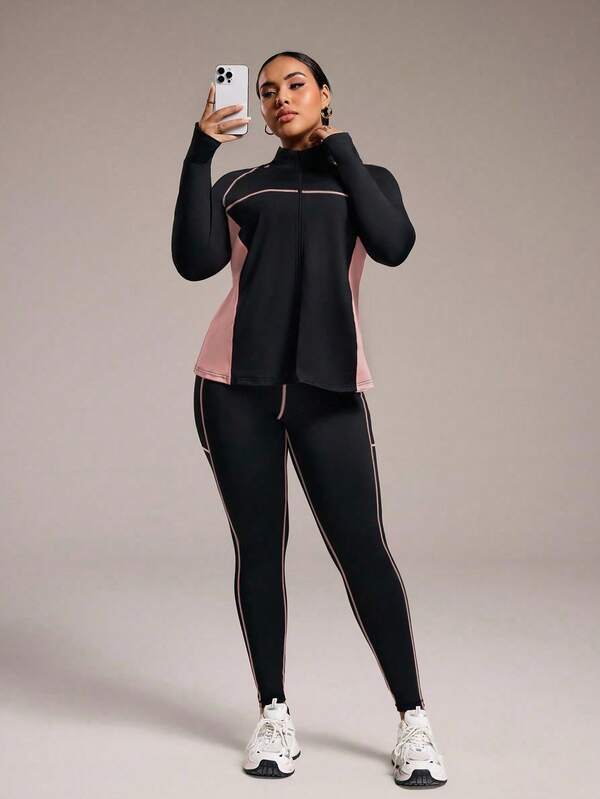 Rhythm Era Plus Size Color Block Long Sleeve Top And Leggings Sports Suit Plus Size Activewear Set Curve Activewear Set Women Activewear Sets Workout Set Jacket And Leggings Curve Workout Clothes Plus Size Workout Set