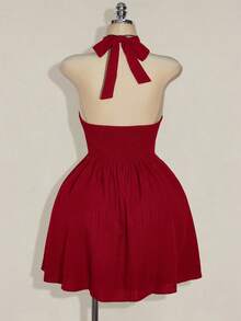 SHEIN ICON 加大码黑色吊带编织束腰 A 字形露背连衣裙，适合夏季、度假、日常穿着、Y2K、暑假、返校服装 - 紅色 - 查看 2