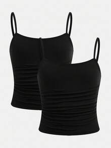 SHEIN Girlism Tween Girl 2pcs Minimalist Comfortable Ruched Camisole Bralette Set Fall Winter