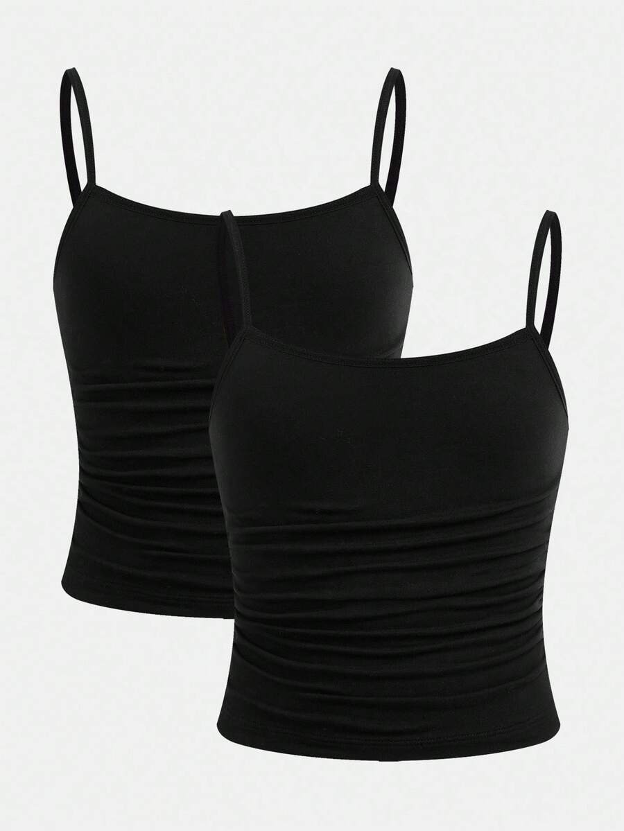 SHEIN Girlism Tween Girl 2pcs Minimalist Comfortable Ruched Camisole Bralette Set Fall Winter