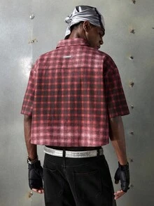 NEON BLANC Men's Summer Fashion Red Plaid Spider Web Rhinestone Denim Shirt - Red - View 3