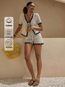 Bóhologie Boho Bohemela Womens Clothing Women Summer Clothes Woman Solid Color Knitting Fabric Contrast Tape Detailed Short Sleeve Front Tie Top T-Shirt And Elastic Waist Short 2 Pieces Outfits Co Ords Beachwear Cover Up Summer Beachwear Clothing Women Summer Sets - Cream - View 1