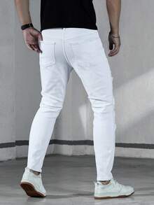 Manfinity Homme Men's Solid Color Skinny Ripped Denim Jeans - White - View 2