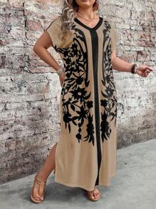 EMERY ROSE Spring Women Plus Size Colorblock Floral Print Short Sleeve Dress