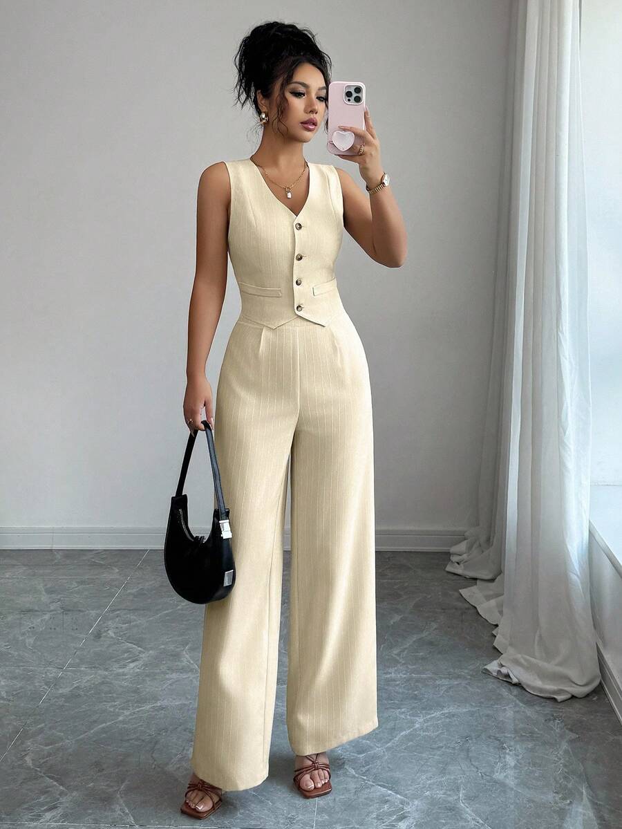 SHEIN Tall 女士休闲无袖背心和阔腿裤套装 - 杏色 - 查看 1