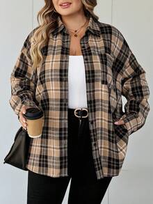 SHEIN CURVE+ 加大码返校格子印花贴袋休闲长袖纽扣法兰绒衬衫，教师衬衫女士秋季服装，冬季，CURVE PLUS - 彩色 - 查看 2