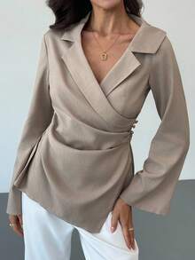 Aloruh Women's Elegant Khaki Long Sleeve Lapel Neck Blouse,Autumn Office Business Casual Shirt With Pleated Asymmetric Hem For And Commuting Tops - Khaki - View 5