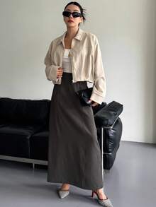 DAZY Women's Solid Color Straight Long Skirt With Slit, Casual Autumn/Winter Skirt