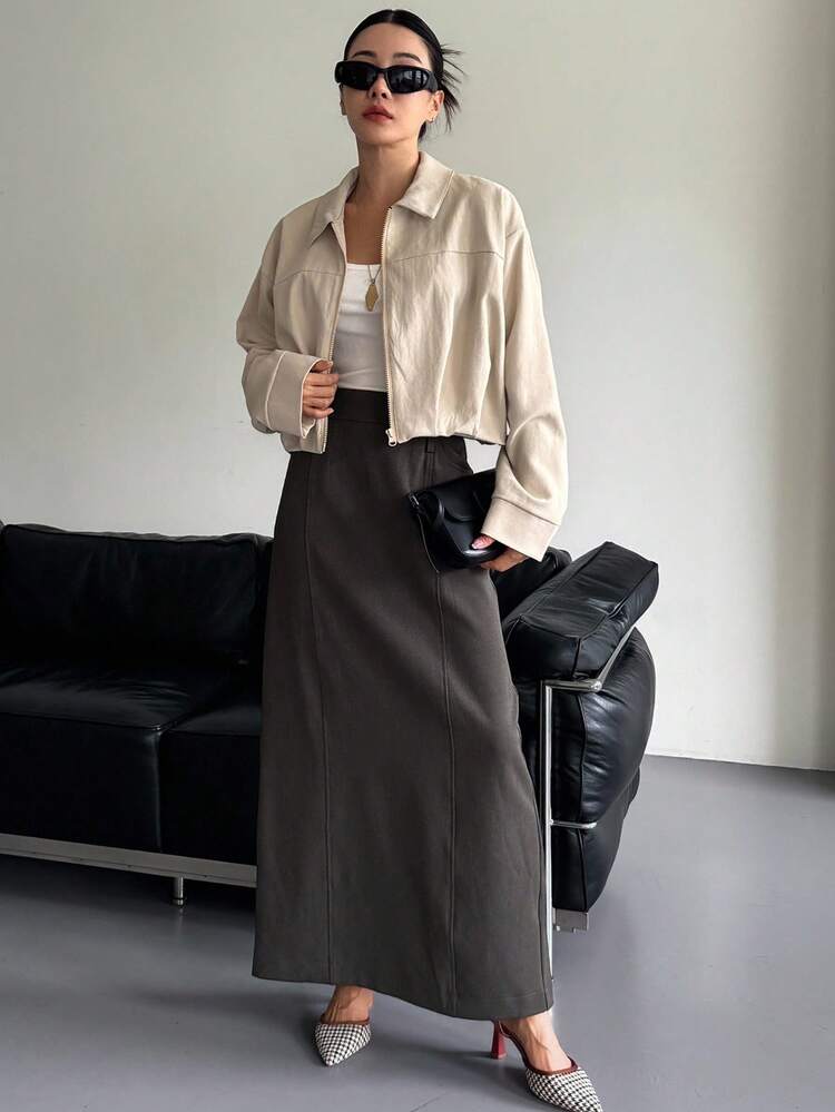 Women's Solid Color Straight Long Skirt With Slit, Casual Autumn/Winter Skirt
