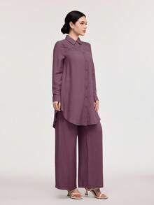 Veilorie 女式纯色简约长袖上衣和长裤两件套，日常穿着 - 粉色 - 查看 4