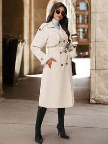 SHEIN Clasi 女式卡其色豹纹腰带收腰休闲外套夹克，秋冬 - 卡其色 - 查看 8