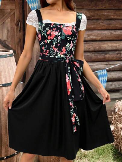 Fairmaia Vestido tradicional alemán elegante y vintage sin mangas para mujer. Vestido tradicional dirndl vintage sin mangas con cuello cuadrado, estampado floral y delantal, para Octubre, Halloween