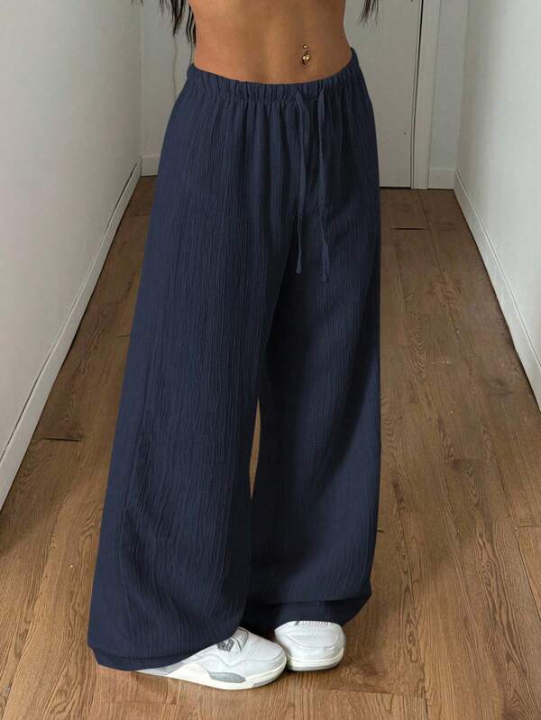 SHEIN PETITE Women's Summer Textured Fabric Straight Leg Pants Fall Cloth For Women