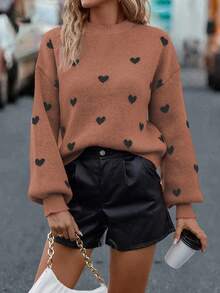 SHEIN LUNE Casual Heart Pattern Drop Shoulder Loose Knit Sweater, Autumn/Winter Fall Cloth For Women - Brown - View 6