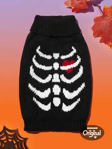 1 件宠物通用万圣节黑色骷髅提花针织弹力舒适狗狗高领毛衣，PETSIN 原创设计 - 彩色 - 查看 2
