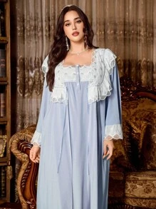 PalaceNights Palace Nights Embroidered Trim Patchwork Vintage Palace Style Plus Size Nightgown + Robe Set, Fall Clothes - Baby Blue - View 5