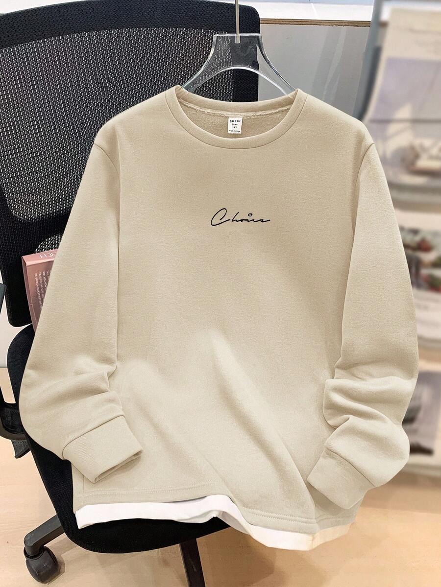 SHEIN 青少年男童休闲百搭学院风字母印花针织套头衫，适合上学、郊游、旅行，四季皆宜，可作为礼物赠送，秋季 (9)，冬季 (2)，黑色，白色 - 卡其色 - 查看 1