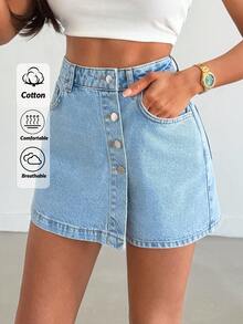 EURMUSE 女士高腰休闲街头风格短裙 浅蓝色 - 淺色水洗藍 - 查看 1