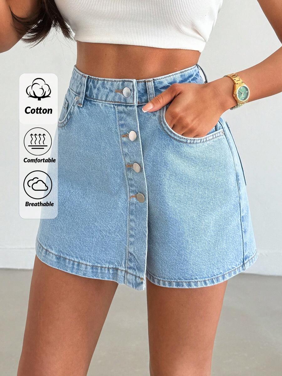 EURMUSE 女士高腰休闲街头风格短裙 浅蓝色 - 淺色水洗藍 - 查看 1