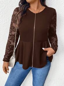 SHEIN Frenchy Chaqueta de uso diario con encaje y cremallera para talla grande, chaqueta elegante de manga larga para otoño, chaqueta negra versátil, ropa de calle para mujeres para salir, ropa de mujer para otoño