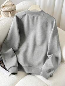 Franclia 女式休闲日常珍珠和水钻心形装饰插肩袖拉链棒球夹克，春秋季 - 灰色 - 查看 2