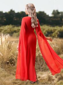 Cheriluna Maternity 优雅孕妇连衣长裙，方领雪纺弹力针织面料，美人鱼风格，适合圣诞派对、迎婴派对，红色 - 紅色 - 查看 2