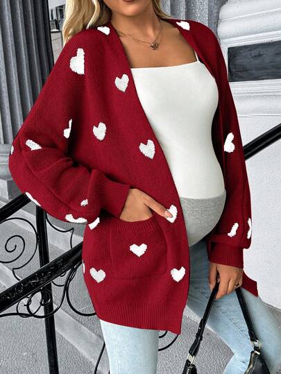 SHEIN Maternity Heart Jacquard Bat Wing Loose Pocket Cardigan