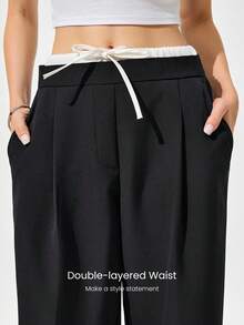GLOWMODE 抗皱透气阔腿双层腰部可调节抽绳腰部压褶工作裤长裤带侧拉链口袋日常休闲工作办公室服装 - 黑色 - 查看 3