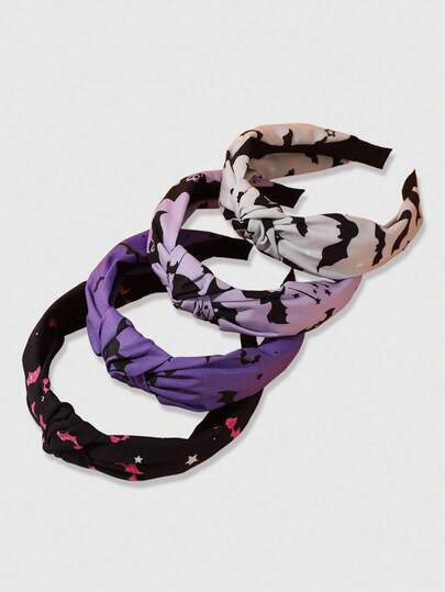 Grunge Punk 4pcs Cute Cartoon Bat Print Women's Twist Headband, Comfortable For Halloween Party Decoration And Daily Use