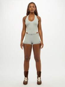 SUMWON WOMEN 露背紧身衣搭配短裤镂空节日夏季海滩街头时尚前卫别致都市瑜伽俱乐部派对 - 灰色 - 查看 4