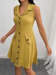 EURMUSE 女式小号纽扣前无袖迷你衬衫裙 - 芥末黃 - 查看 4