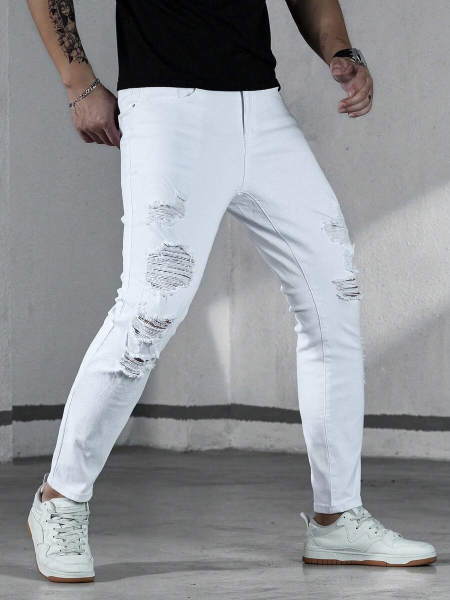 Manfinity Homme Men's Solid Color Skinny Ripped Denim Jeans - White - View 1